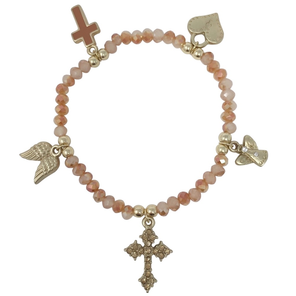 Christian Cross & Angel Wing Charm Brown Glass Bead Stretch Bracelet